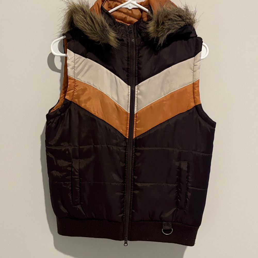 CoffeeShop Brown and Orange Hooded Vest